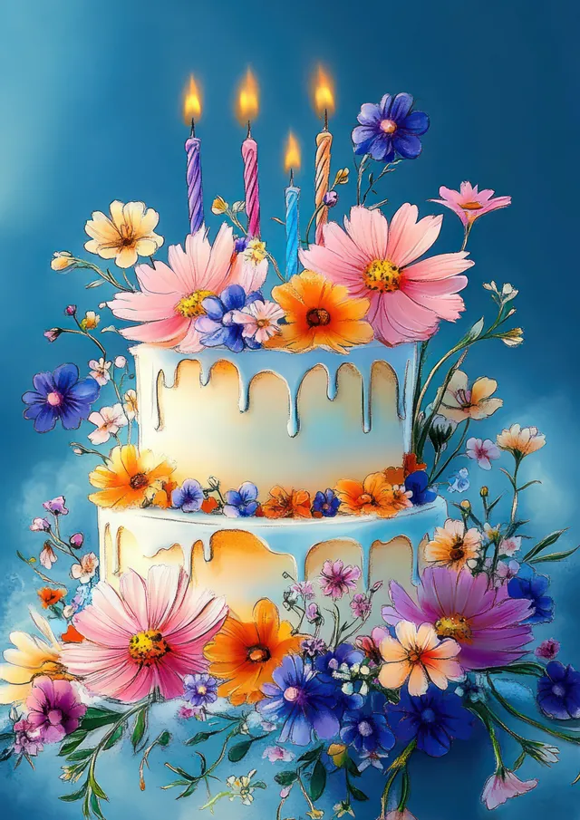 Whimsical birthday cake with dripping icing, colorful flowers, and glowing candles on a blue background.