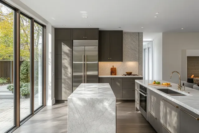 Minimalist gray kitchen with marble island, stainless refrigerator, and large windows filling the room with natural light.