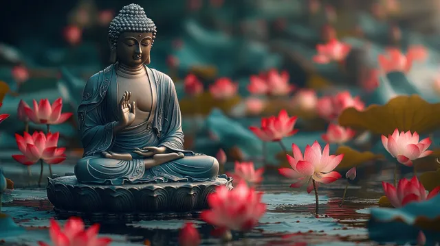Blue seated meditation statue on a lotus pedestal with pink water lilies floating on a calm pond.
