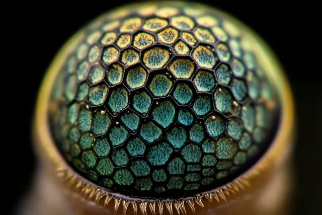 Extreme close-up of an insect compound eye with iridescent hexagonal facets and fine hairs