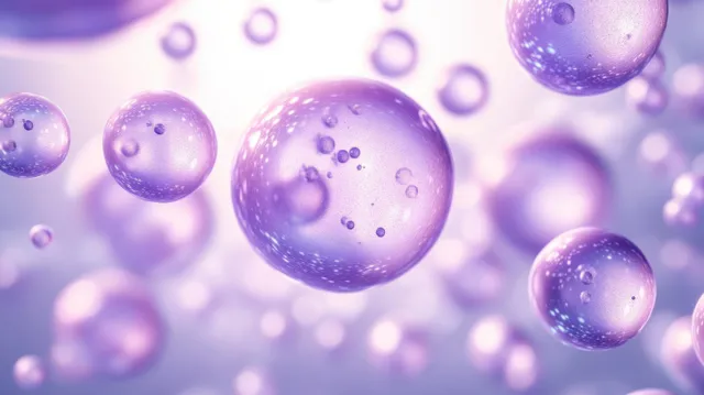 Purple hyaluronic acid droplets float over a pastel background with glowing soft lighting.