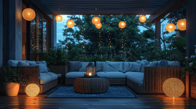 An outdoor gazebo patio at night with string lights, lanterns, and cushioned seating surrounded by trees.