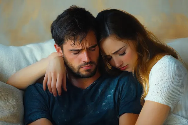 A young couple sits close on a couch, leaning into each other with sad expressions.