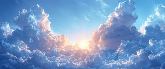 Sun rays shine through blue summer clouds across a bright open sky horizon.