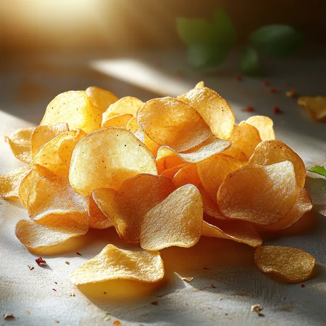 Golden crispy potato chips scattered on a surface with warm natural light and soft shadows.