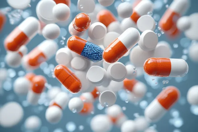 Orange-and-white capsules and round tablets float mid-air on a soft blue medical background.
