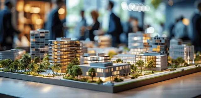 Architectural scale model of a modern city tower layout on office desk