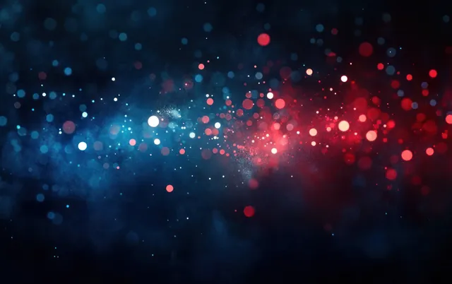 Blue and red glowing particle clusters with scattered bokeh lights float across a dark cosmic background.