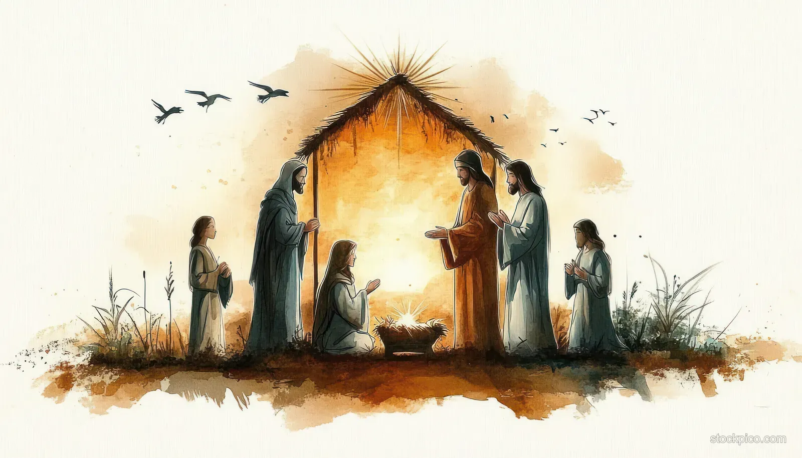 Watercolor Nativity scene in Bethlehem with Mary and Joseph beside baby Jesus under a bright starry night sky.