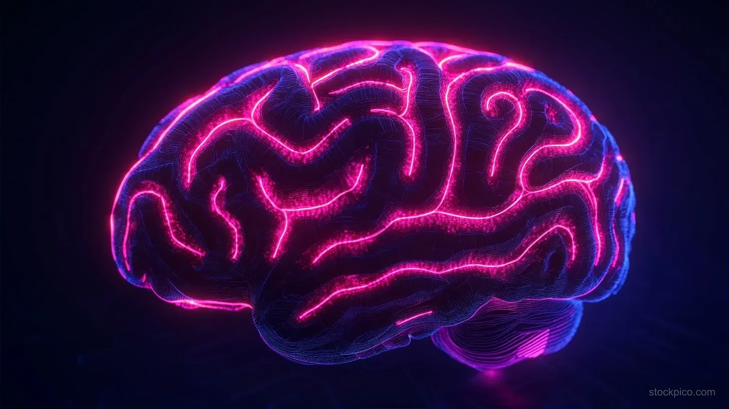 Neon pink and purple digital brain with glowing neural pathways on a dark background.