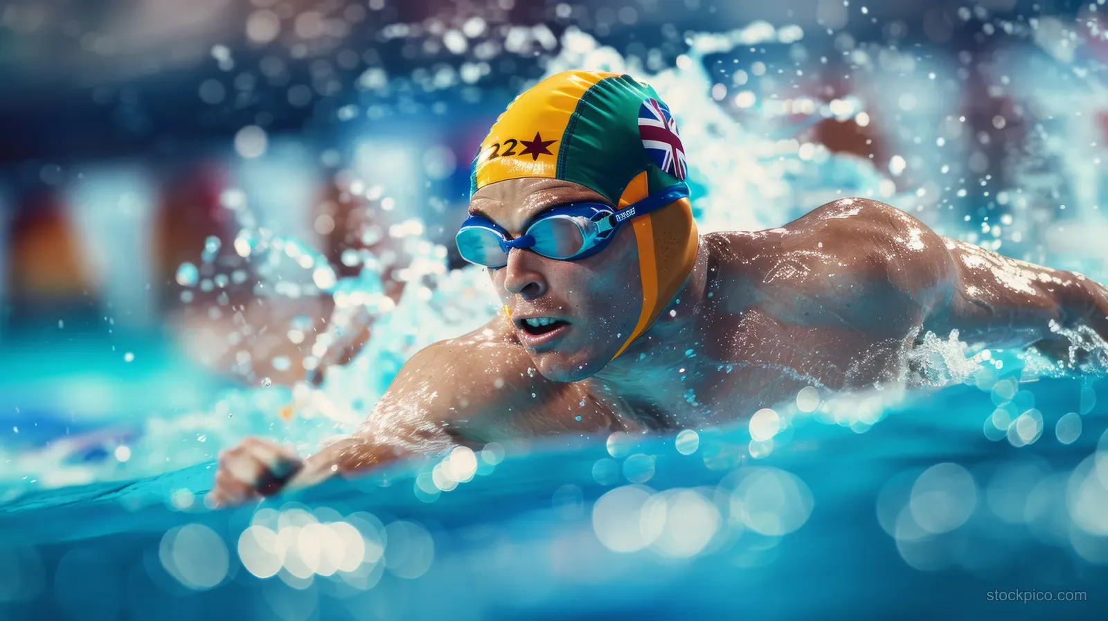 Australian male swimmer in goggles and cap pushes through water, creating splashes in a bright blue pool.