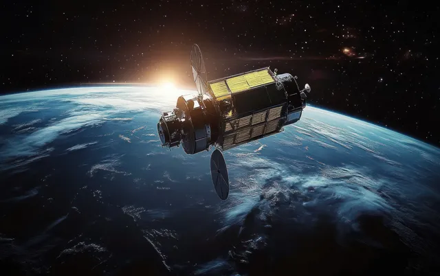 A space telescope orbits above Earth’s curved blue atmosphere under a bright sun flare and starry backdrop.