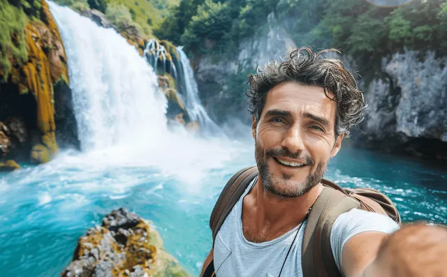 Smiling man takes a selfie by a turquoise waterfall in Italy summer national park