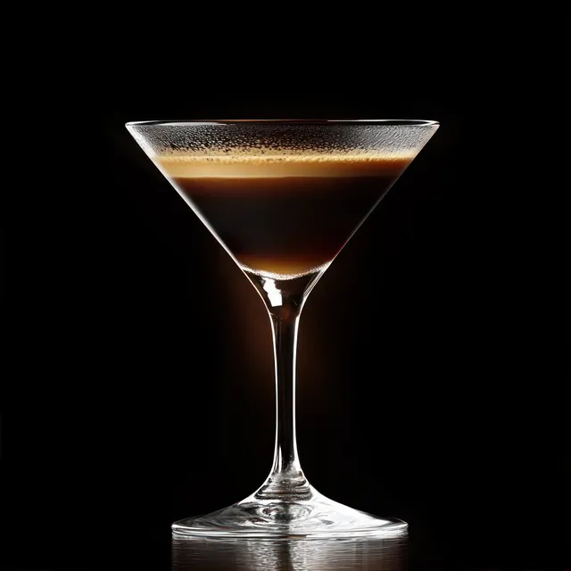 Close-up of frothy dark cocktail in a martini glass on black studio backdrop