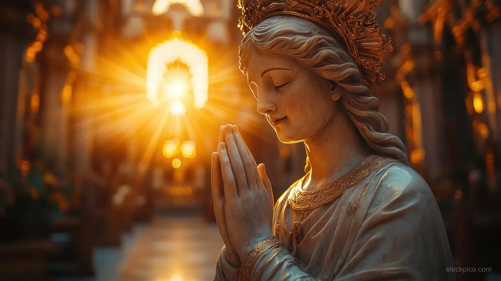 A Mary statue prays with hands together as warm cathedral light glows behind her.