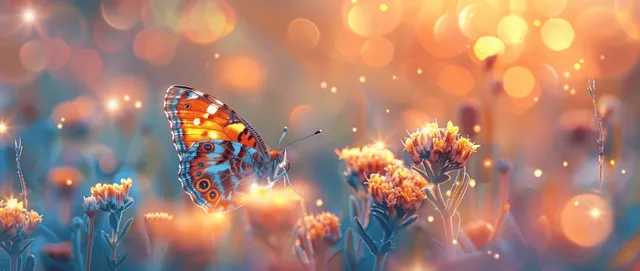 Macro butterfly hovering over orange wildflowers with glowing bokeh circles in the sunrise background.