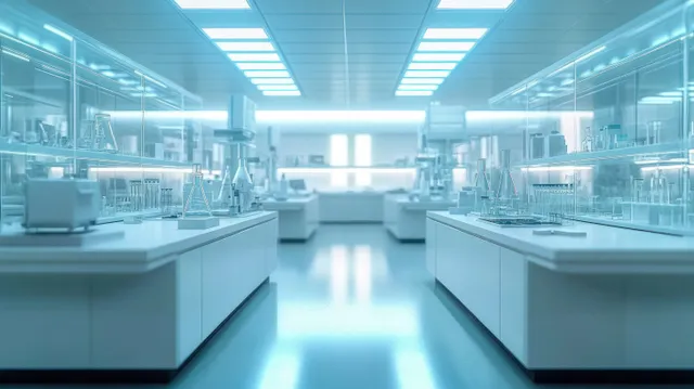 Bright laboratory room with fluorescent ceiling lights, white benches, and shelves of chemical glassware and lab instruments.