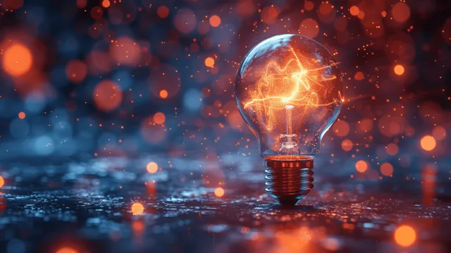 Glowing light bulb explosion with electric sparks and colorful bokeh over dark reflective surface