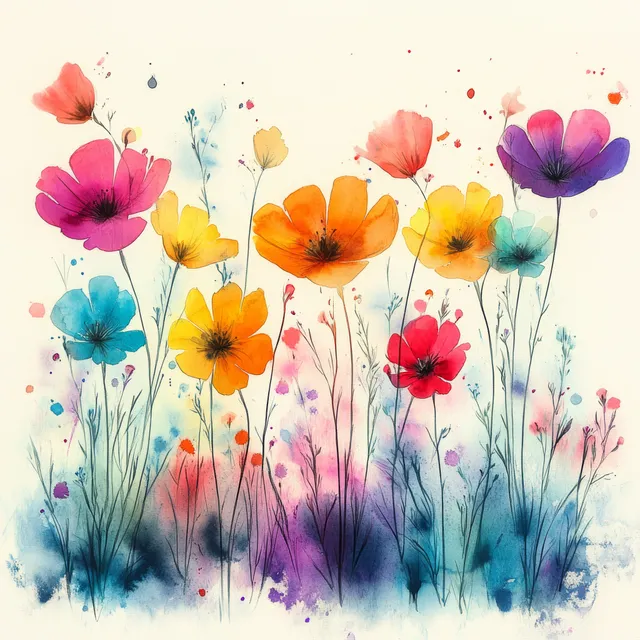 Vibrant watercolor flowers bloom amidst delicate foliage in a whimsical garden scene filled with soft, airy colors.