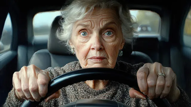 Elderly woman grips steering wheel tightly, focused driving in a car interior view