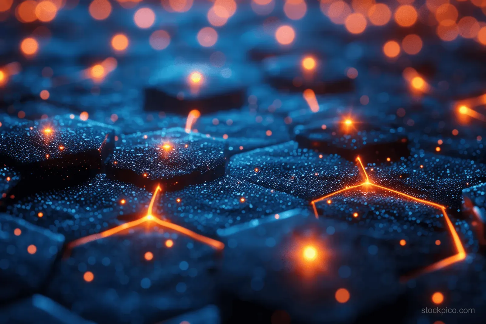 Glowing orange lines trace a hexagonal grid across a dark blue textured surface.