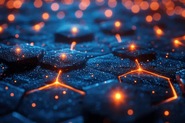 Glowing orange hexagonal grid with blue textured futuristic surface