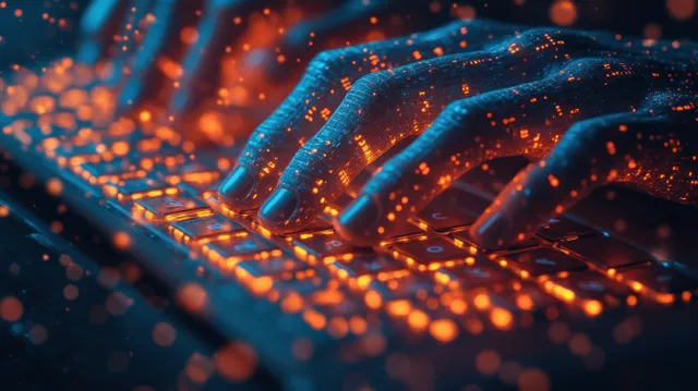 Close-up of a programmer’s hands typing on a laptop keyboard with neon blue light trails and binary code behind.