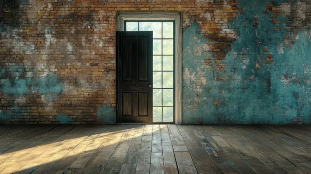 Sunlight pours through a partially open dark wooden door into an abandoned room with brick walls and peeling blue plaster.