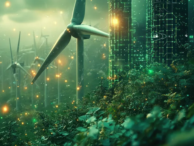 Wind turbines rise above a glowing green forest with digital energy circuitry