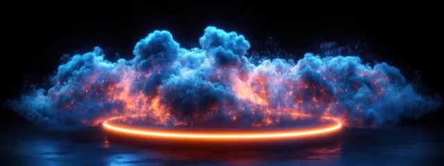 An orange glowing ring casts a light halo over a reflective dark surface as blue and orange smoke clouds swirl.