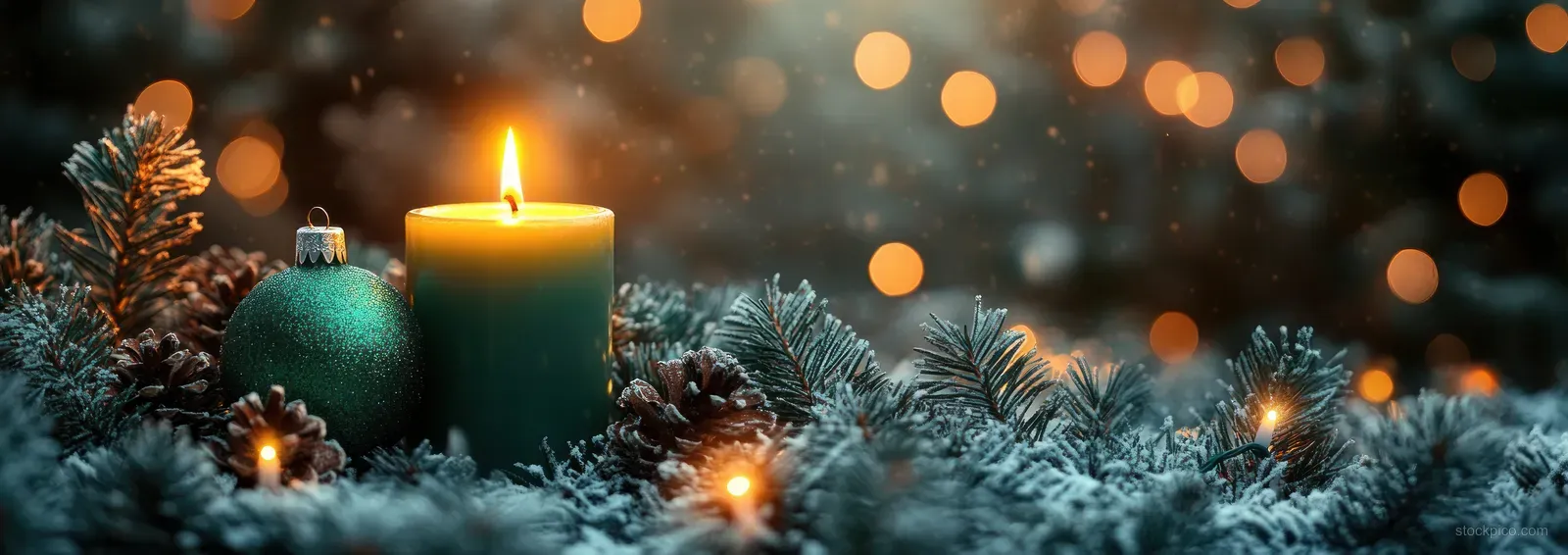 Green candlelit winter scene with snowy pine branches and warm out-of-focus Christmas lights in the background.
