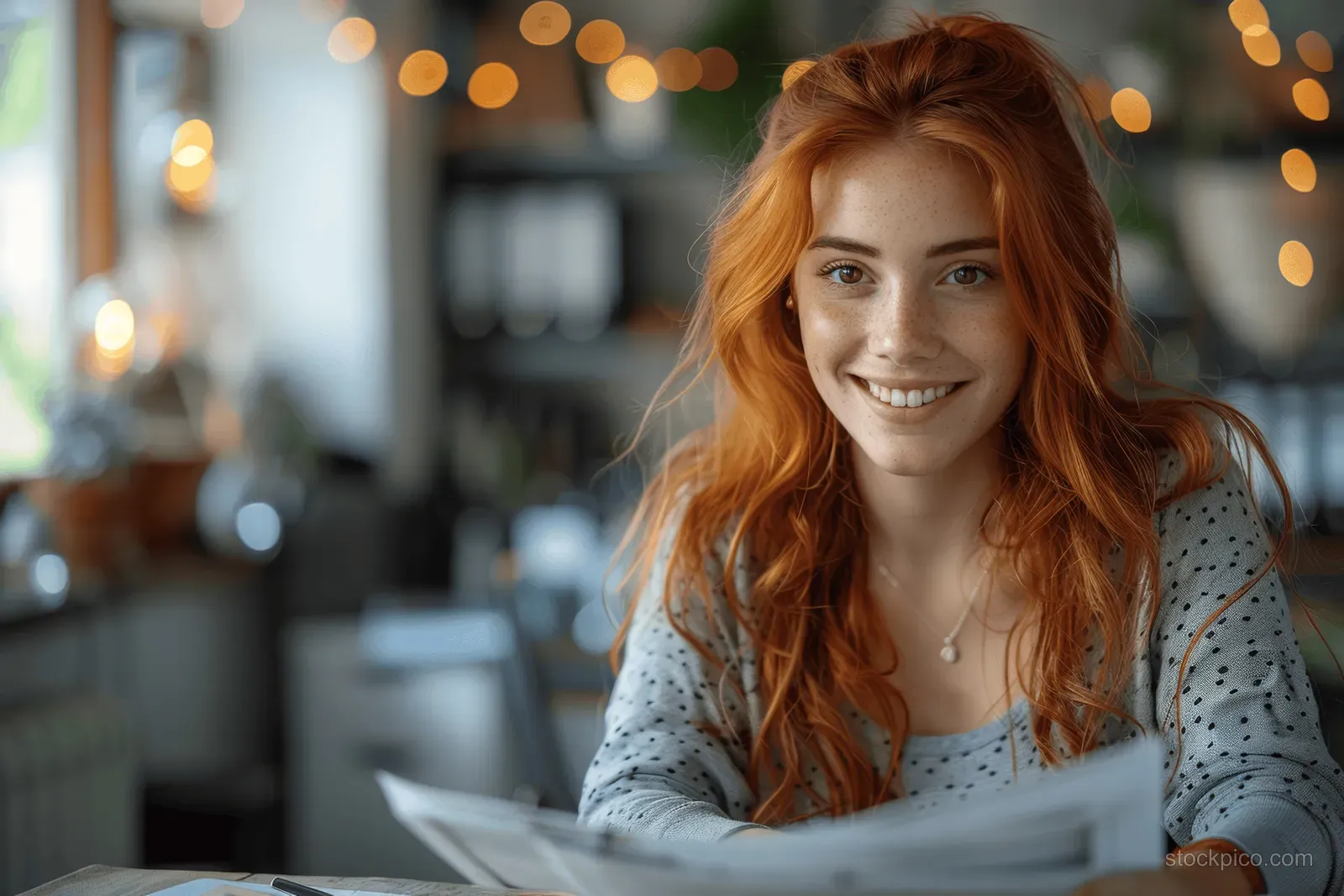 Red-haired businesswoman meeting a client at an office desk with warm blurred lights behind.