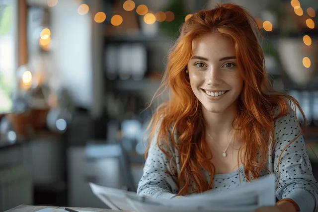 Red-haired businesswoman meeting a client at an office desk with warm blurred lights behind.