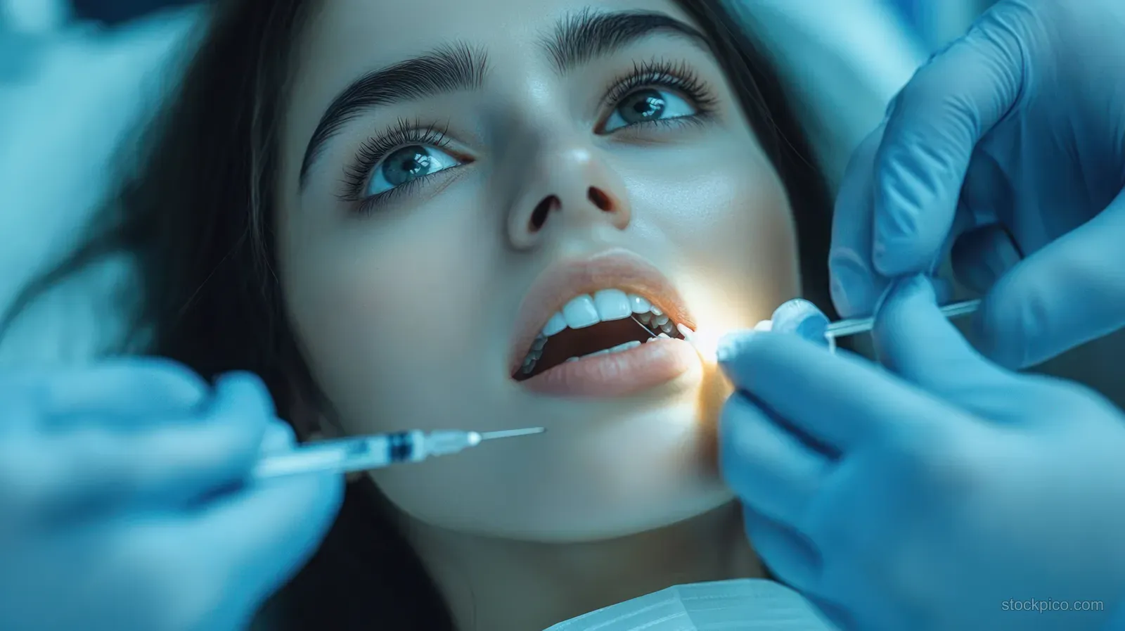 Gloved dentist holds dental tools and injection as a blue-eyed patient sits with her mouth open in bright clinic light.