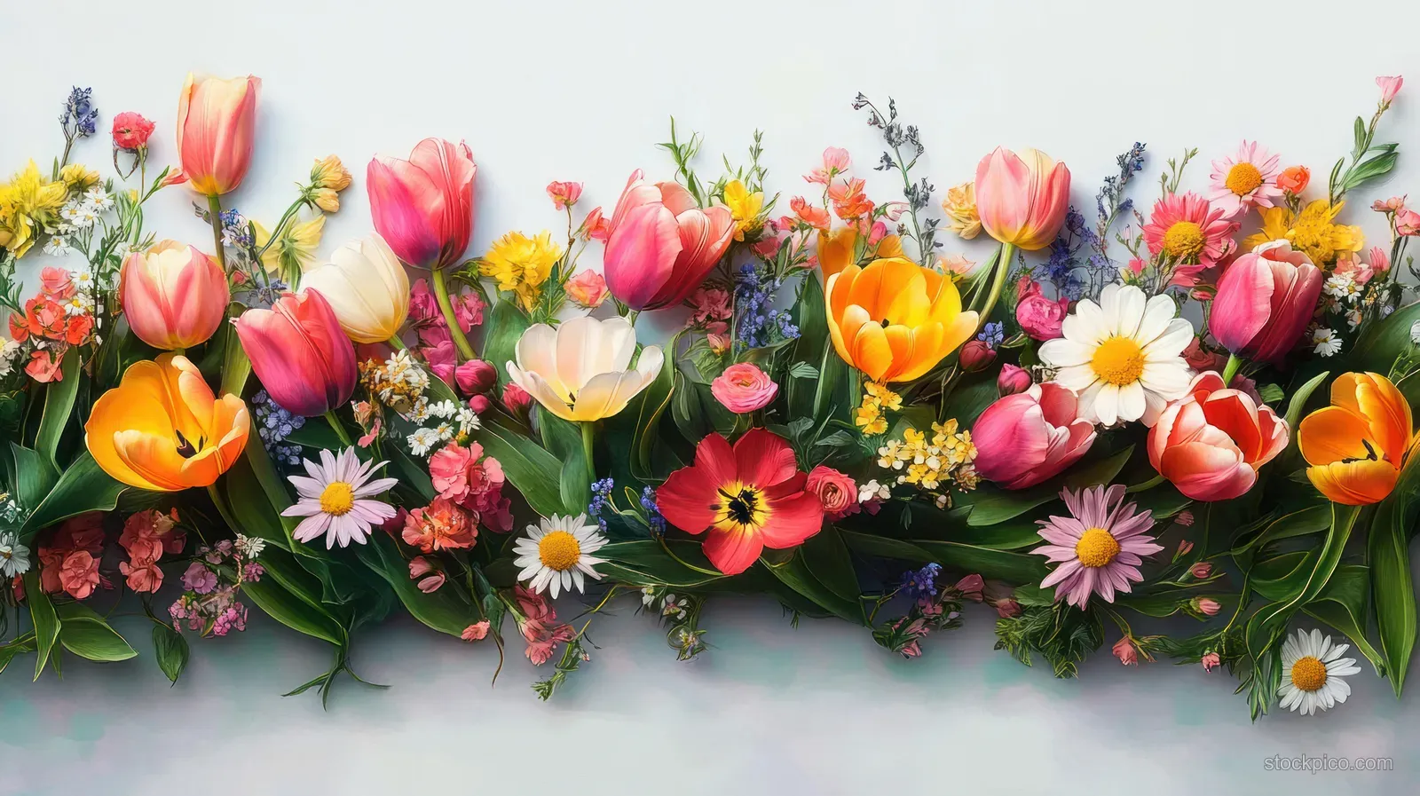 Overhead view of a horizontal floral border with pink tulips, white daisies, and scattered wildflowers.