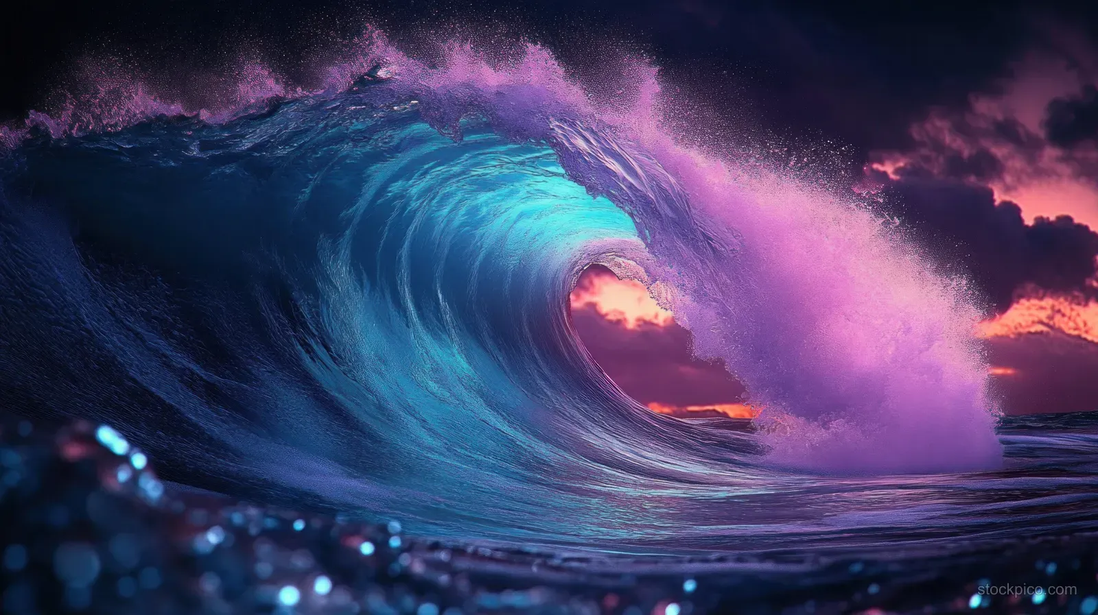 A curling ocean wave crashes at sunset beneath a purple-blue sky, glowing with bright foam.