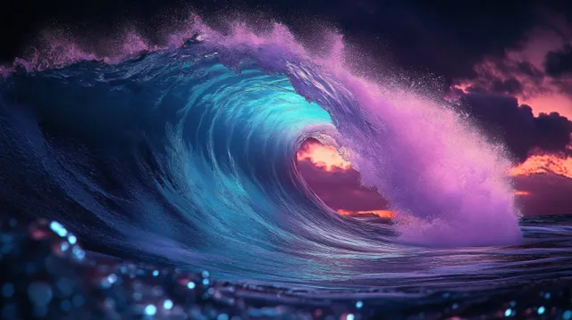 Curling ocean wave surges at sunset with glowing water and purple-blue dramatic sky
