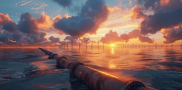 Sunset over an ocean with offshore wind turbines and a glowing underwater pipeline line beneath reflective clouds.