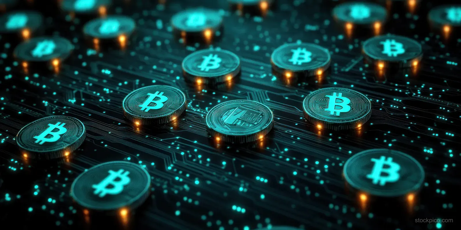 Turquoise bitcoin coins sit on a glowing blue-black circuit board with bright electronic traces.