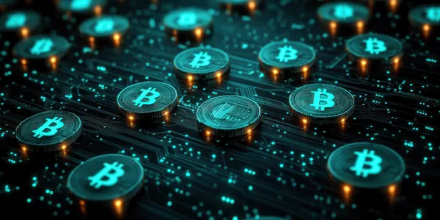 Digital bitcoins scattered across a glowing blue-black circuit board, signaling blockchain finance