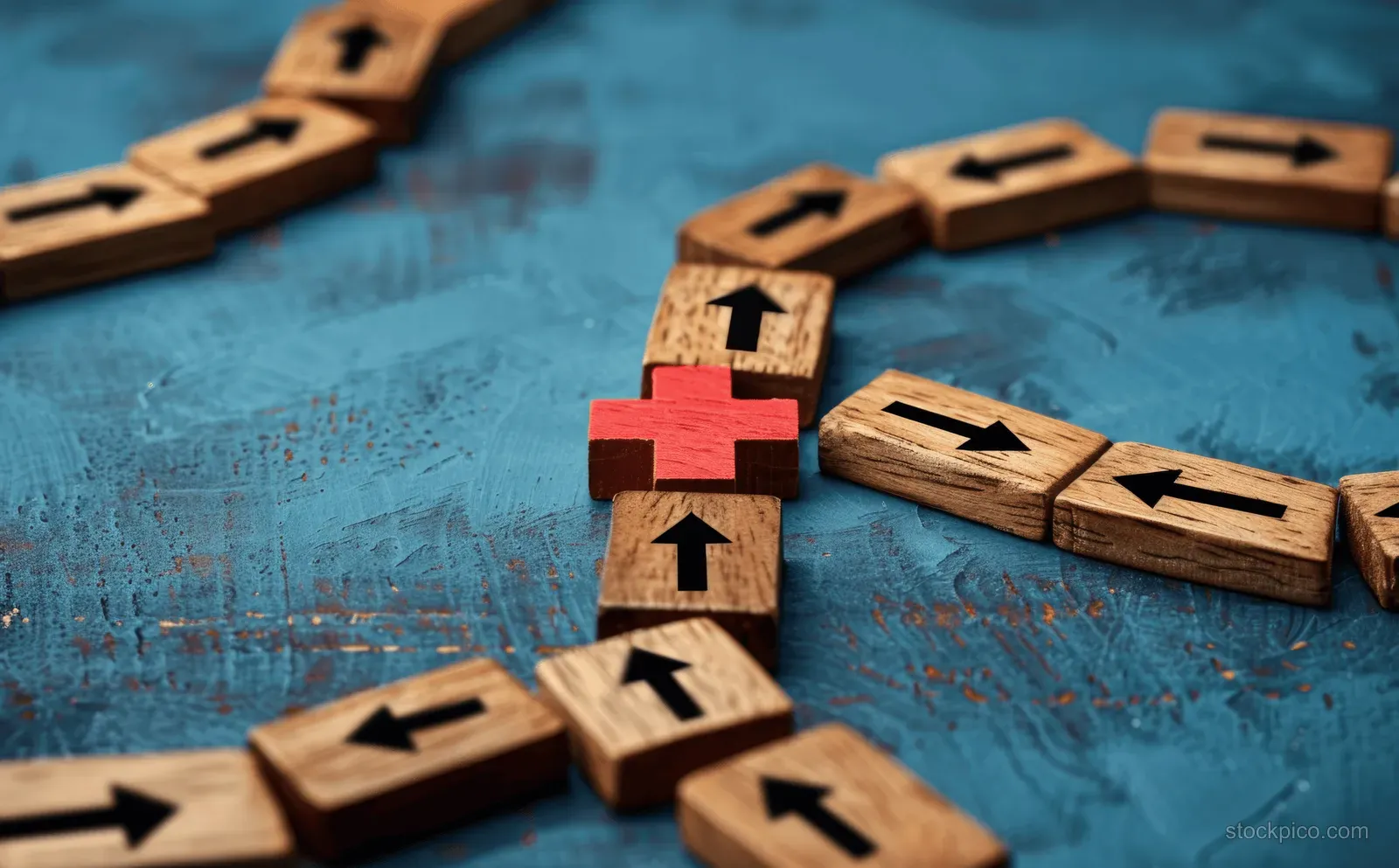 Wooden arrow blocks on a blue planning board show an avoided red cross option in a strategy concept.