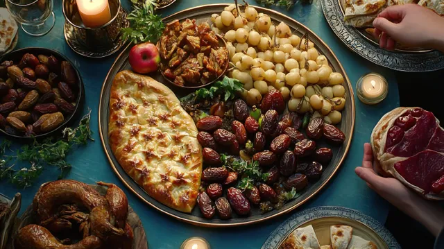 Hands reach around a candlelit platter of dates, bread, and cooked meat on a shared dinner table.