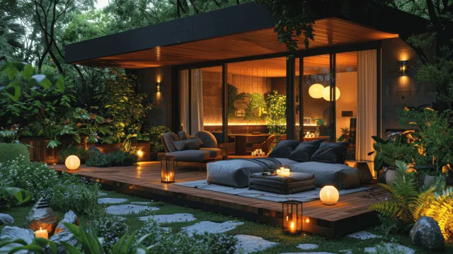 Warm lantern lights illuminate sofas on a wooden outdoor terrace surrounded by greenery at night.