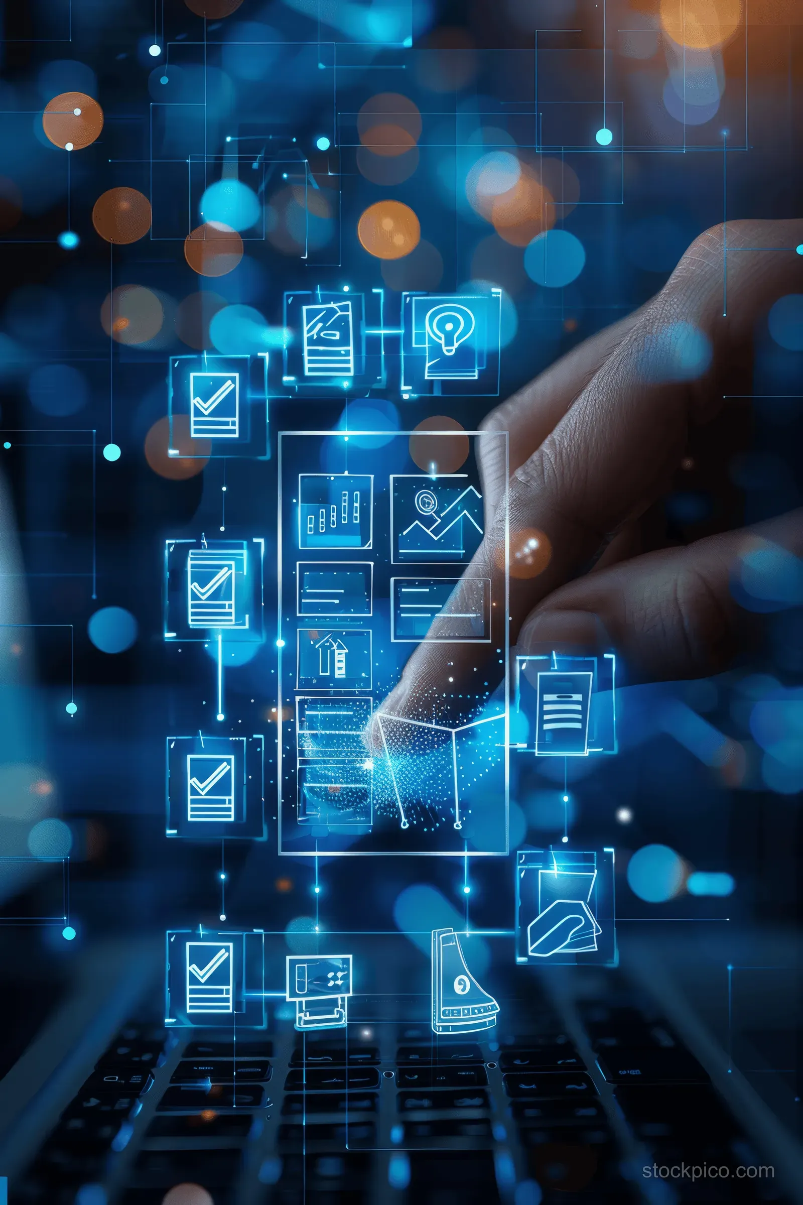A hand touches a glowing tablet interface displaying document and email icons over a digital network.