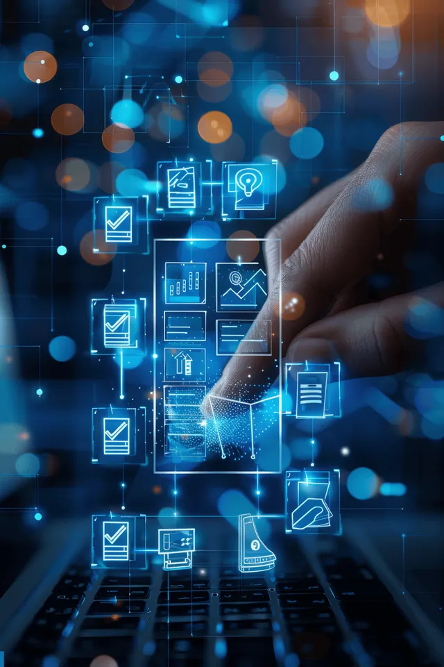 A hand touches a glowing tablet interface displaying document and email icons over a digital network.