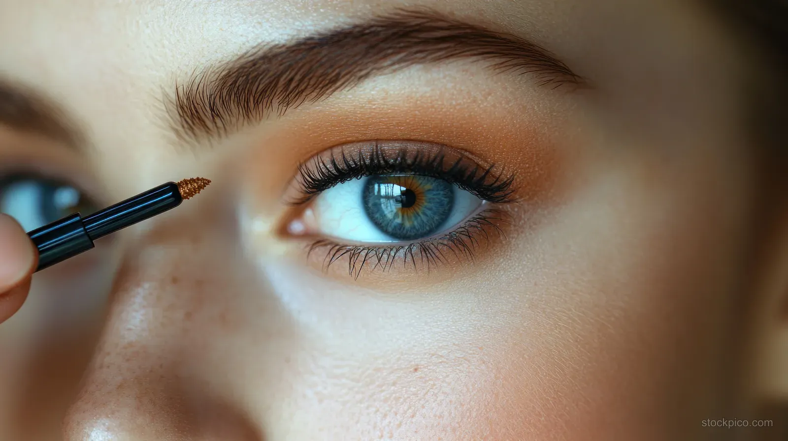 Close-up of a woman applying eyeliner with a gold brush near her eye.
