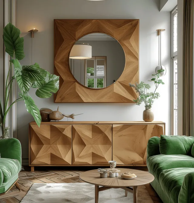 Green velvet sofas surround a low coffee table while a geometric wooden console holds a round mirror in a bright living room.