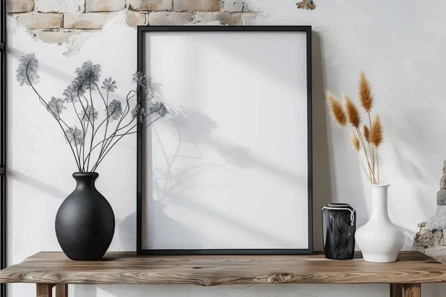 Blank white poster in a black frame on a wooden console with a black vase and thistles in soft light.