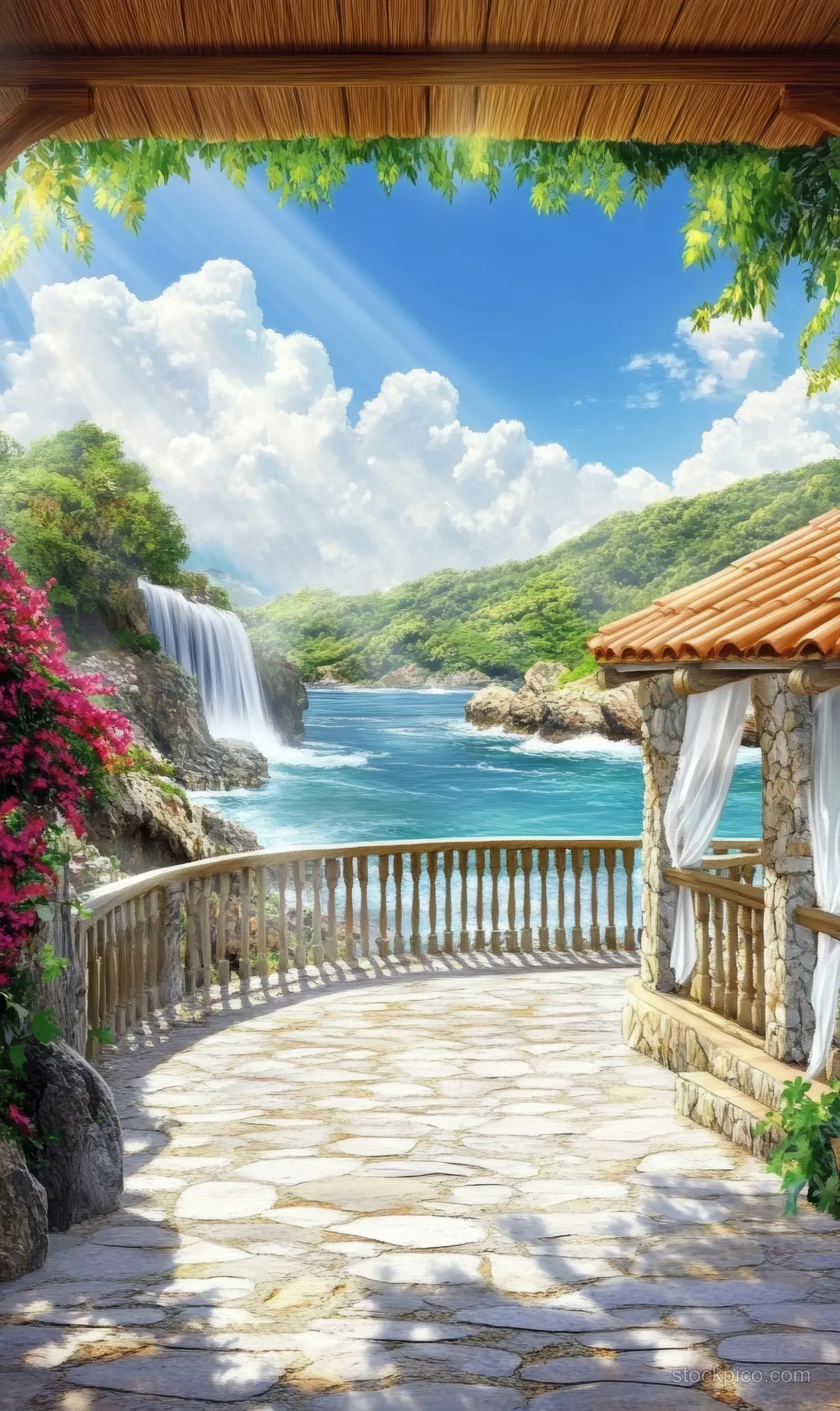 Sunlit stone walkway beside a Mediterranean villa with bougainvillea, railings, and an ocean view in the distance.