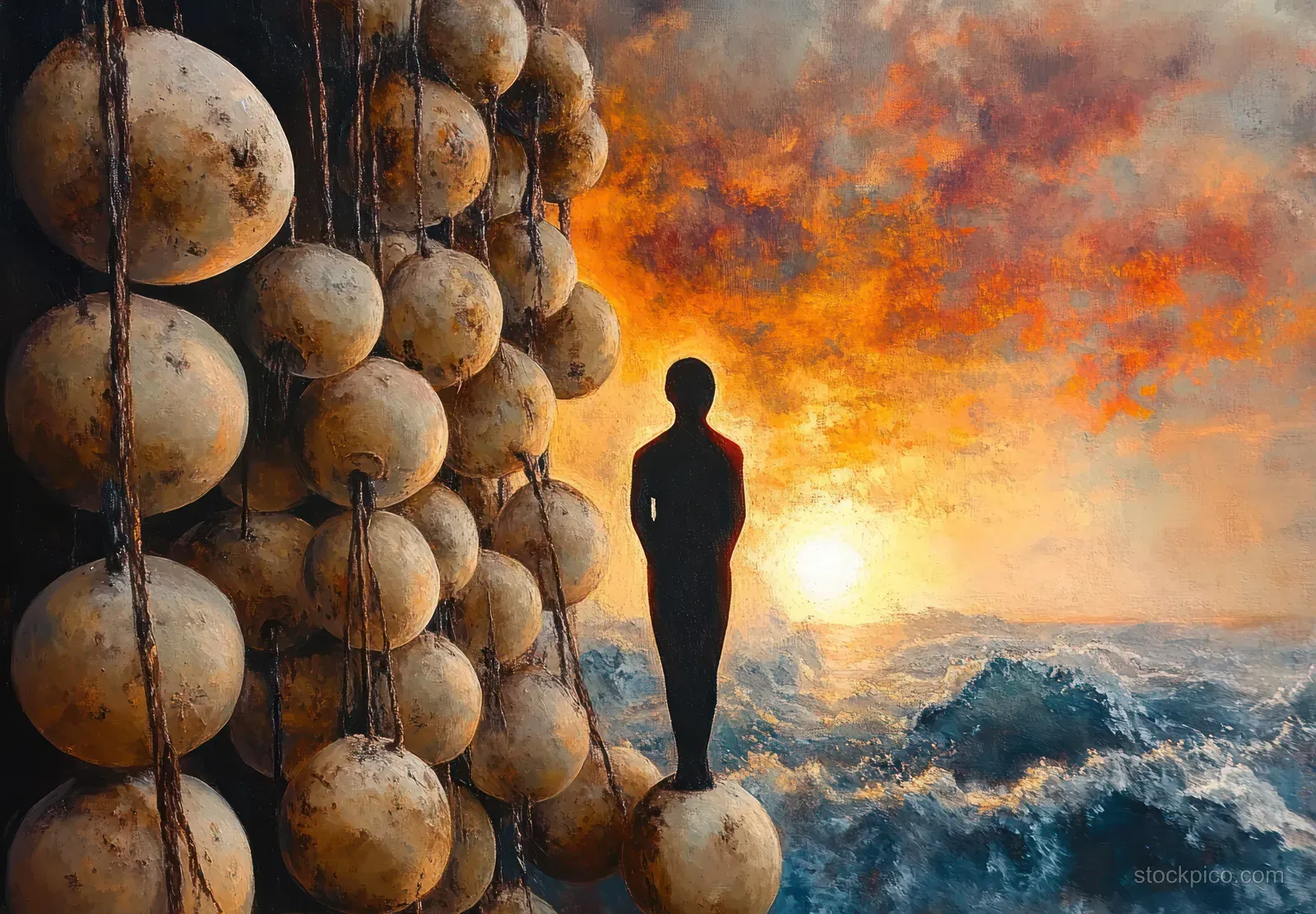Silhouette of a person standing among hanging buoys on the ocean at sunset with churning waves.